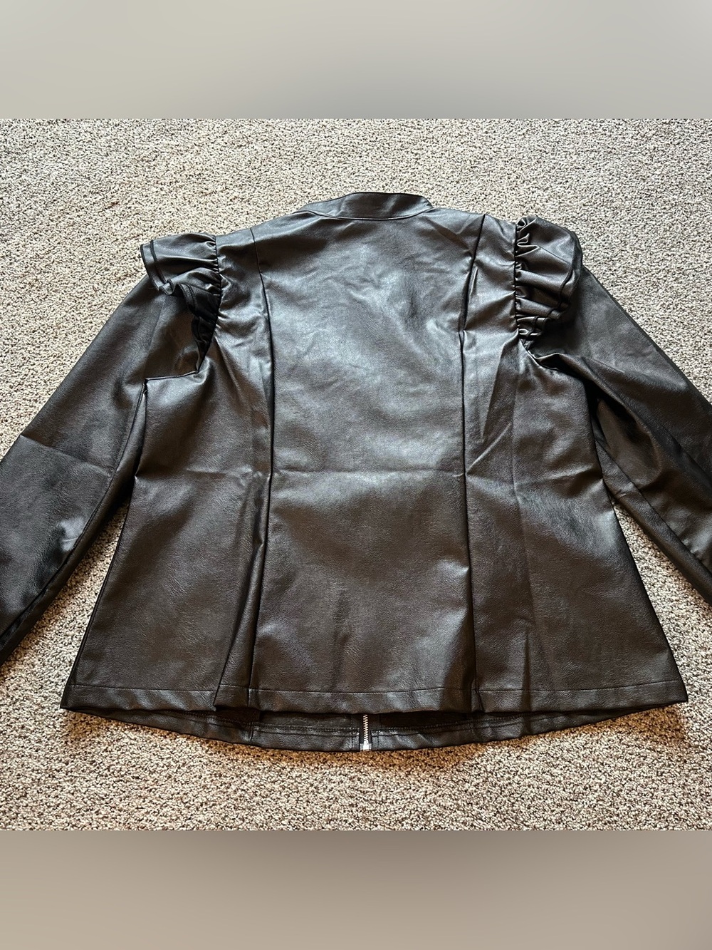 SHEIN XL 0X Black Faux Vegan Leather Zip Jacket Ruffles On Shoulders - Picture 12 of 14